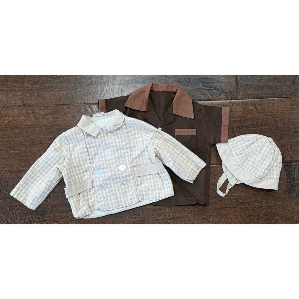 RARE VTG Danny Dare 3pc Set Gingham Plaid Brown Toddler Retro Old Money Preppy